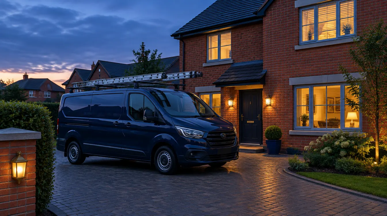 Work van parked outside an Irish home at dusk